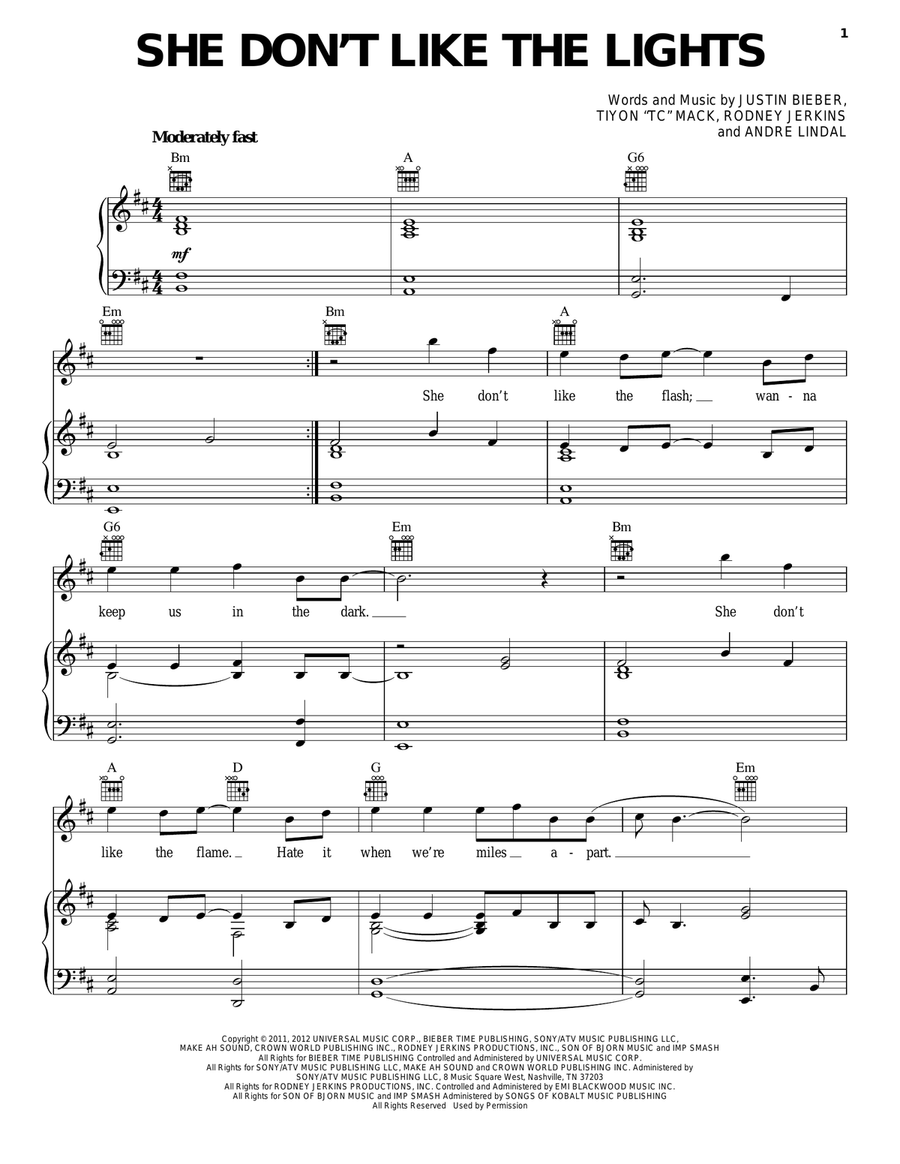 She Don't Like The Lights Piano, Vocal, Guitar scores gallery preview page 1