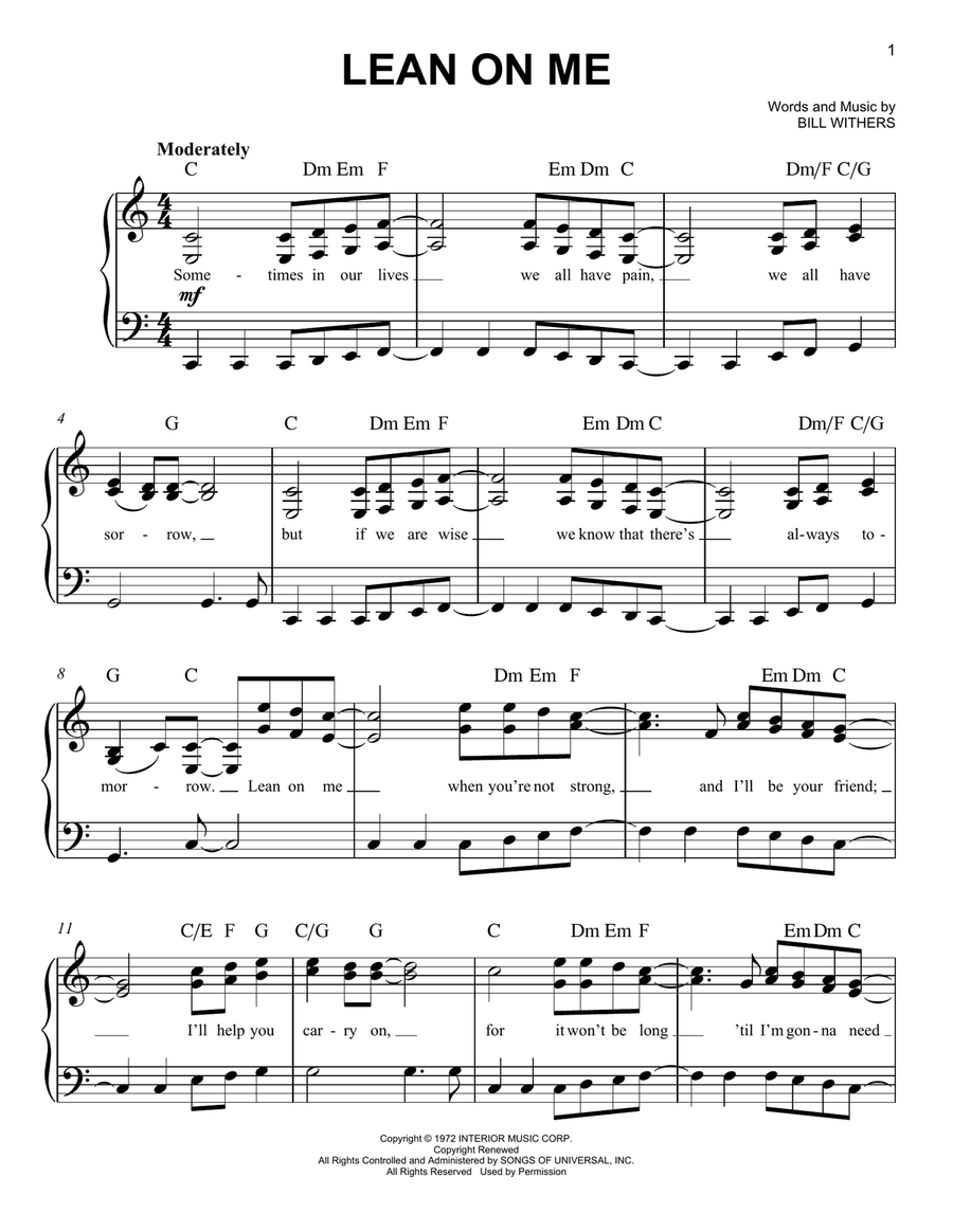 Lean On Me Easy Piano scores gallery preview page 1