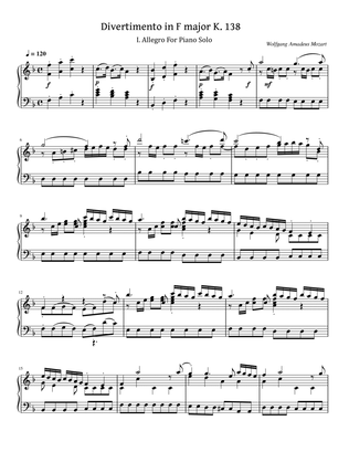 Mozart - Divertimento in F major K.138 I. Allegro - for Piano Solo