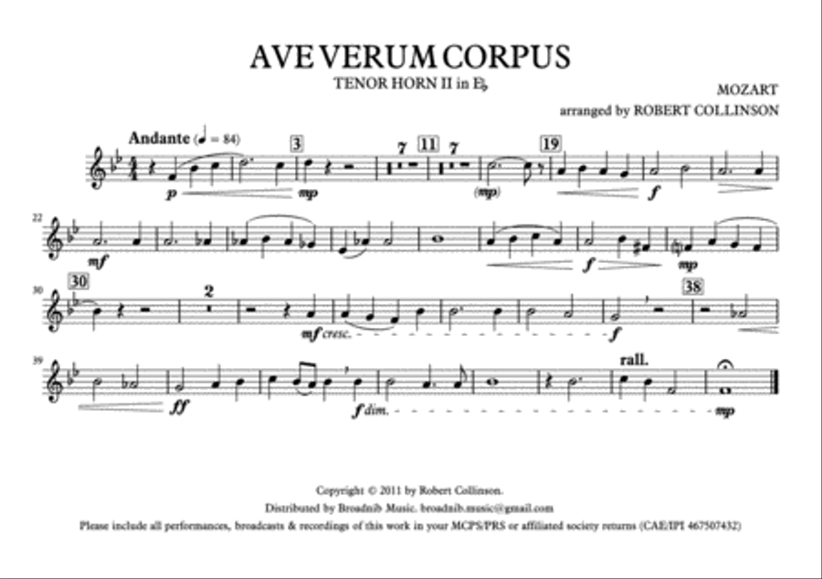AVE VERUM CORPUS (Mozart) - March card (A5) parts only Brass Ensemble scores gallery preview page 6