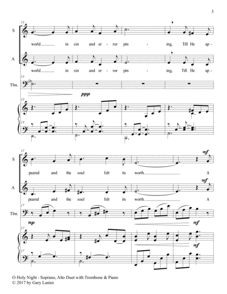 O HOLY NIGHT (Soprano, Alto Duet with Trombone & Piano - Score & Parts included) image number null