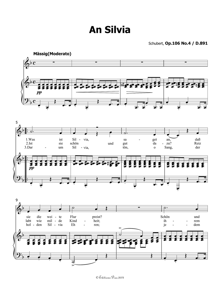 An Silvia, by Schubert, D.891, in F Major Voice scores gallery preview page 3