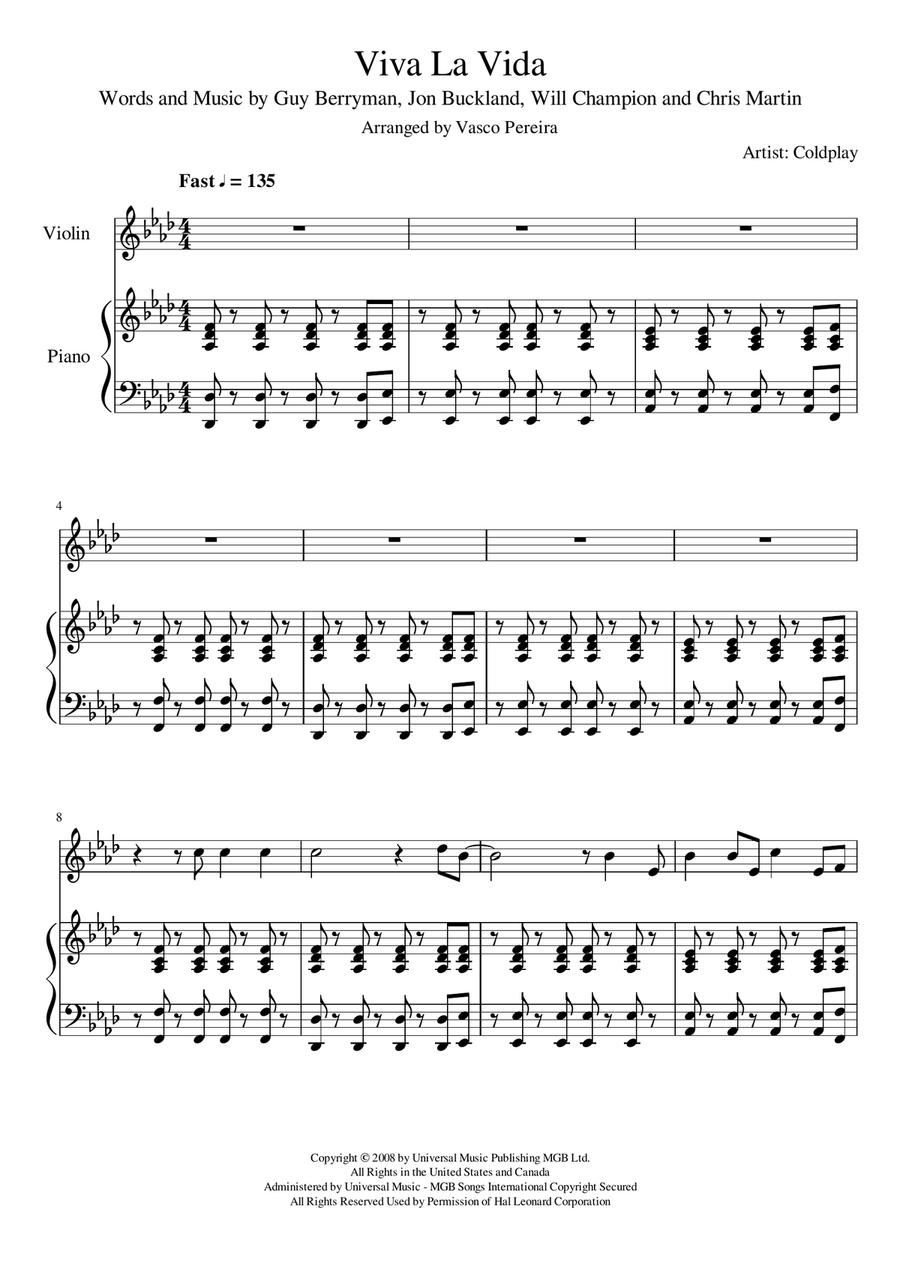 Viva La Vida Viva La Vida Violin Solo scores gallery preview page 1