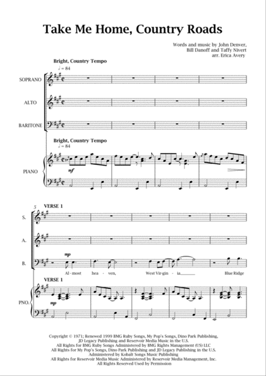 Take Me Home, Country Roads 3-Part scores gallery preview page 1