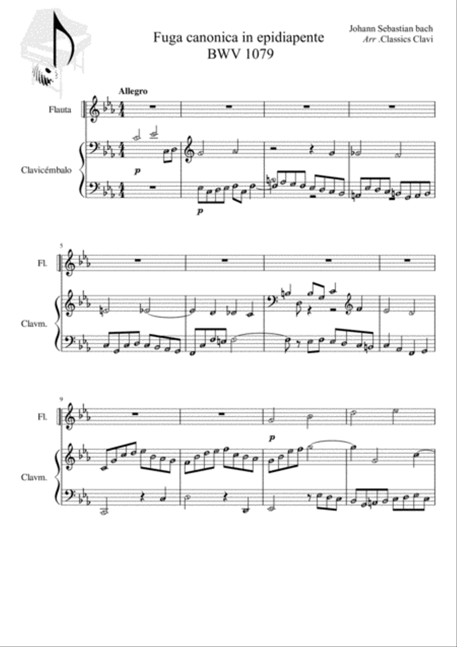Fuga Canonica in Epidiapente BWV 1079, for flute and harpsichord Flute Solo scores gallery preview page 1