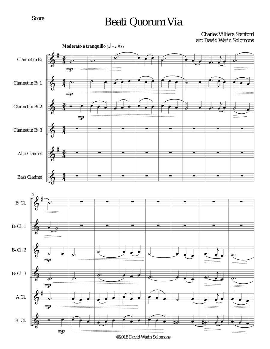 Beati Quorum Via for clarinet sextet or clarinet choir (E flat, 3 B flats, Alto, Bass) Clarinet Choir scores gallery preview page 1