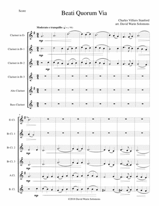 Beati Quorum Via for clarinet sextet or clarinet choir (E flat, 3 B flats, Alto, Bass)