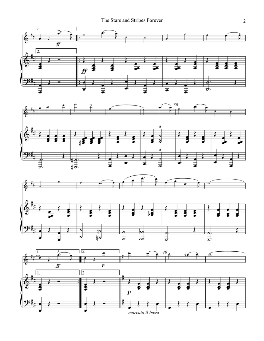 Stars and Stripes Forever! for flute (piccolo) and piano (Advanced/D Major) Flute Duet scores gallery preview page 3