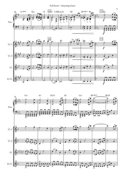 Amazing Grace (John Newton, E. O. Excell) for Clarinet Quartet and Piano Accompaniment with Chords image number null