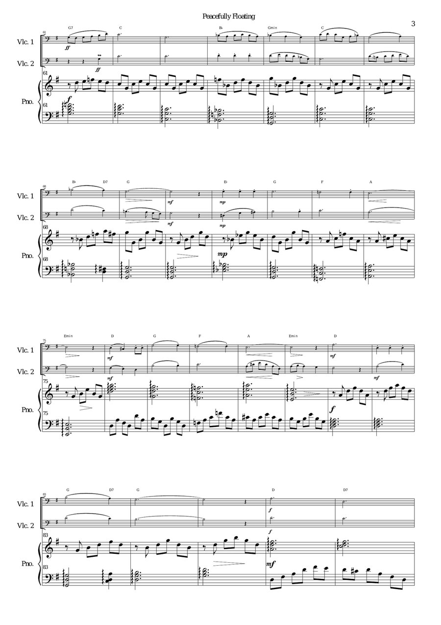 Peacefully Floating for 2 cellos and piano (and optional guitar chords) Piano scores gallery preview page 3