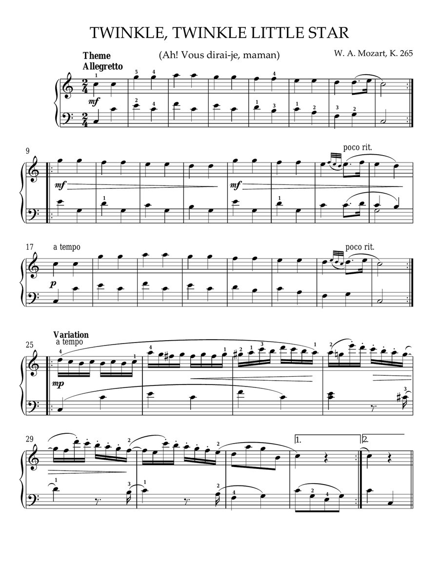 Twinkle, Twinkle Little Star (Ah! Vous dirai-je, maman) Theme Piano Solo scores gallery preview page 1