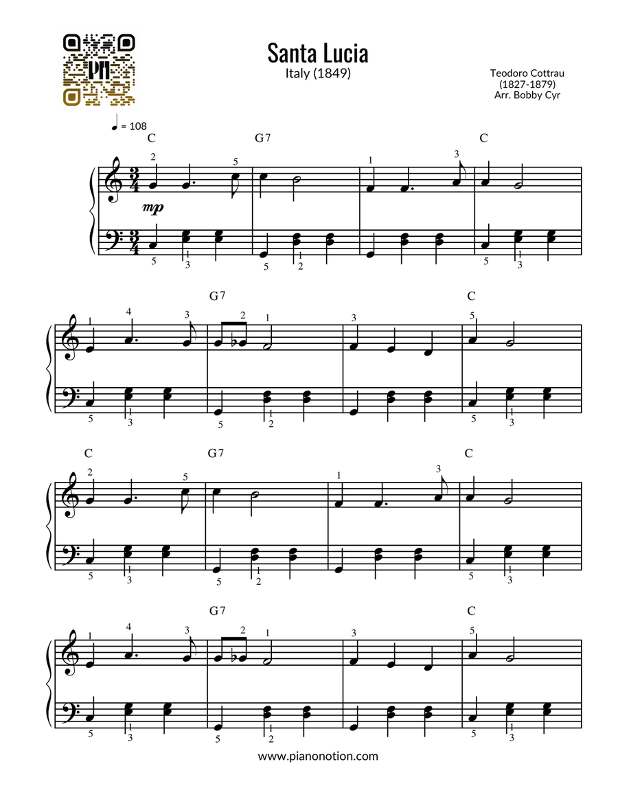 Santa Lucia - Teodoro Cottrau (Easy Piano Sheet) Easy Piano scores gallery preview page 1