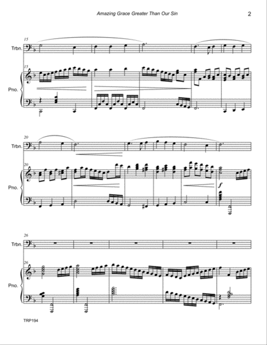 AMAZING GRACE GREATER THAN OUR SIN - TROMBONE SOLO with Piano Accompaniment Brass Duet scores gallery preview page 2