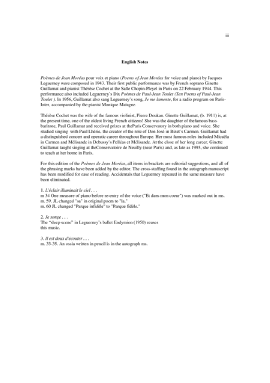 Jacques Leguerney: Poèmes de Jean Moreas for medium voice and piano Medium Voice scores gallery preview page 3
