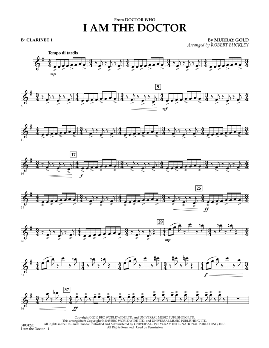 I Am the Doctor (from Doctor Who) - Bb Clarinet 1 B-Flat Clarinet scores gallery preview page 1