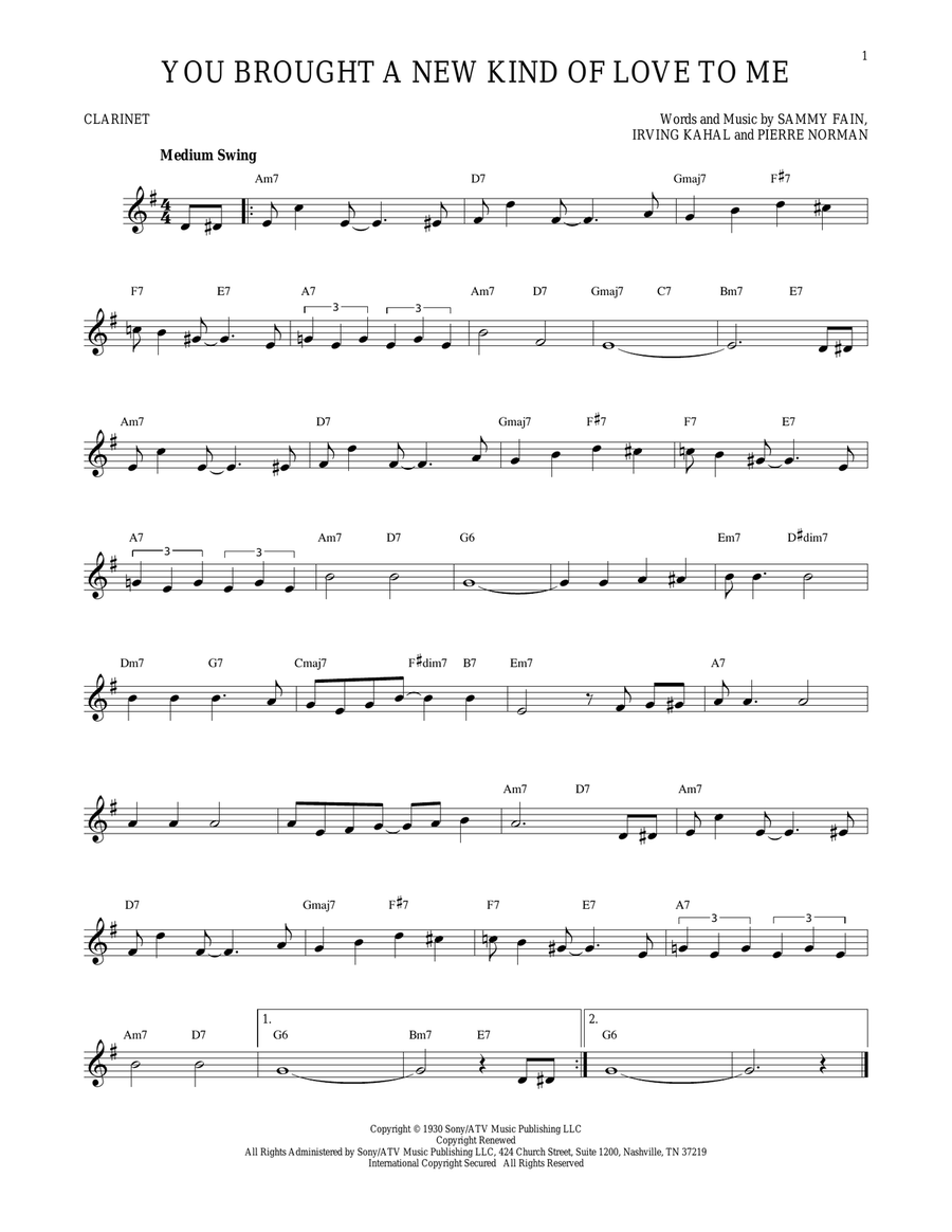 You Brought A New Kind Of Love To Me Clarinet Solo scores gallery preview page 1
