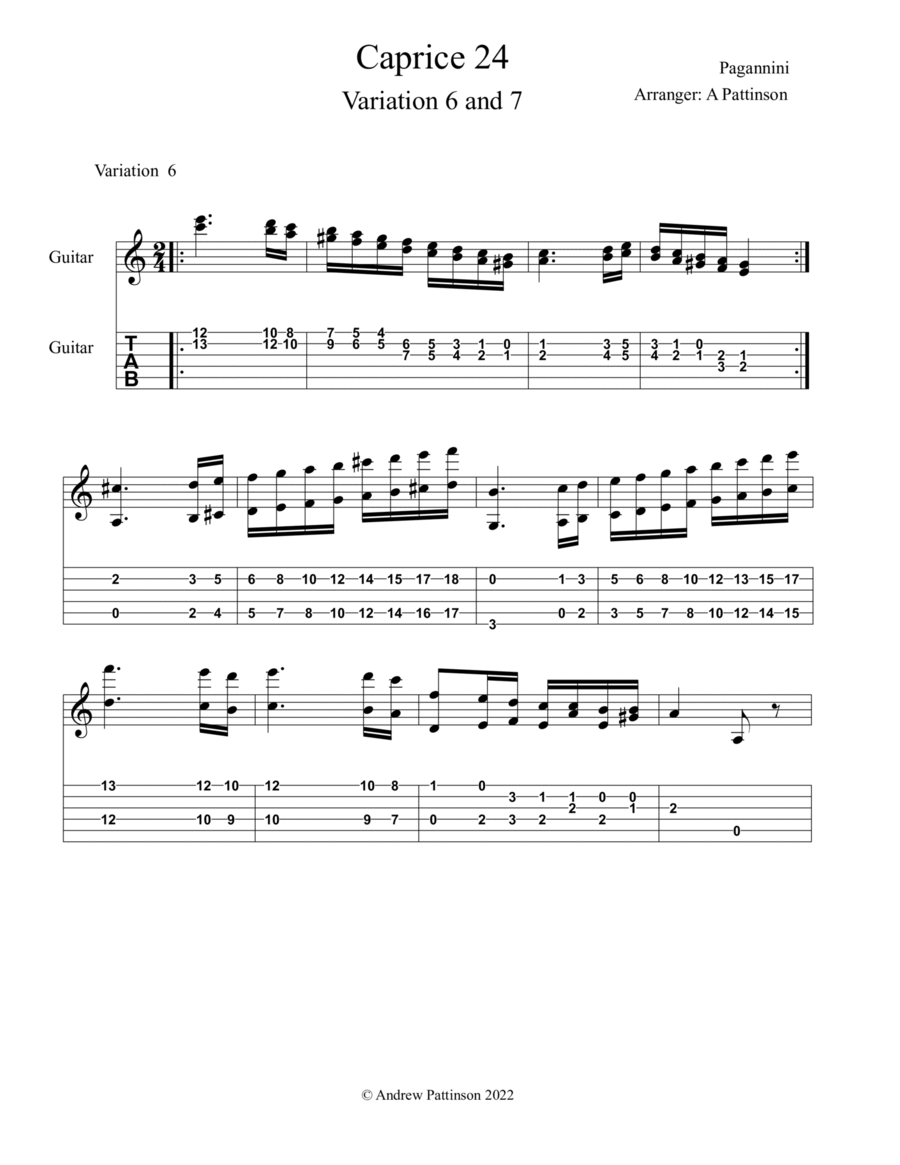 Paganini Caprice 24 Variation 6 and Variation 7 for Guitar Acoustic Guitar scores gallery preview page 1
