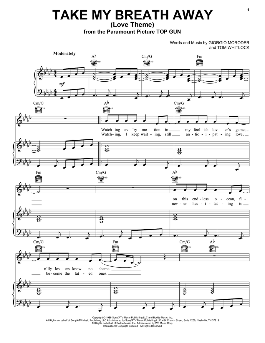 Take My Breath Away (Love Theme) (from Top Gun) Piano, Vocal scores gallery preview page 1