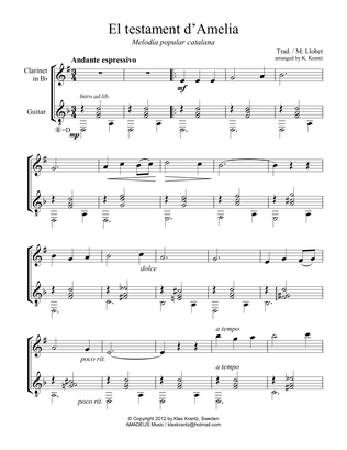 El testament d'Amelia for clarinet in Bb and guitar