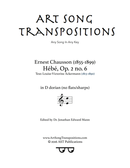 CHAUSSON: Hébé, Op. 2 no. 6 (transposed to D dorian, no sharps, no flats)