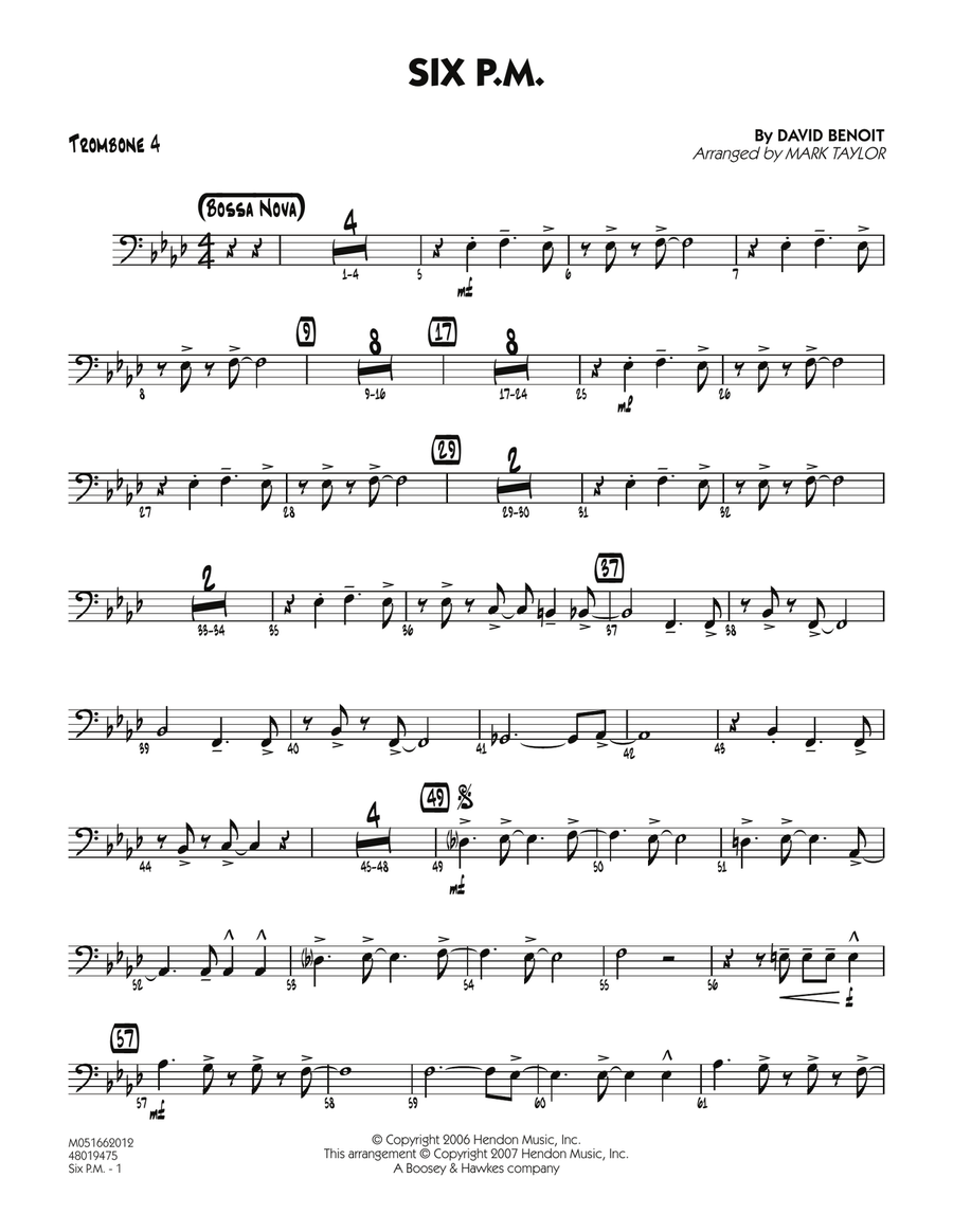 Six P.M. - Trombone 4 Six P.M. - Trombone 4 Jazz Ensemble scores gallery preview page 1