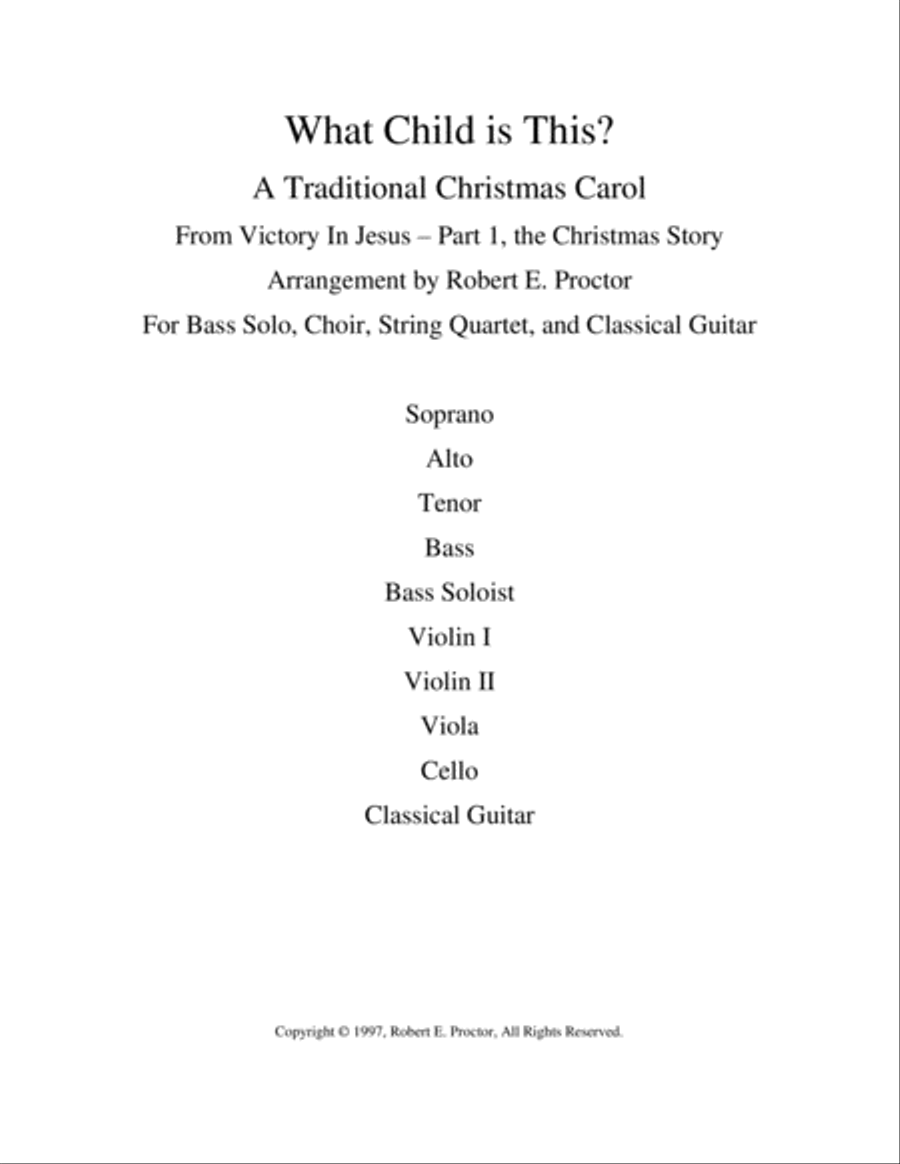 What Child is This for Bass Soloist, Choir, Strings, Classical Guitar 4-Part scores gallery preview page 1