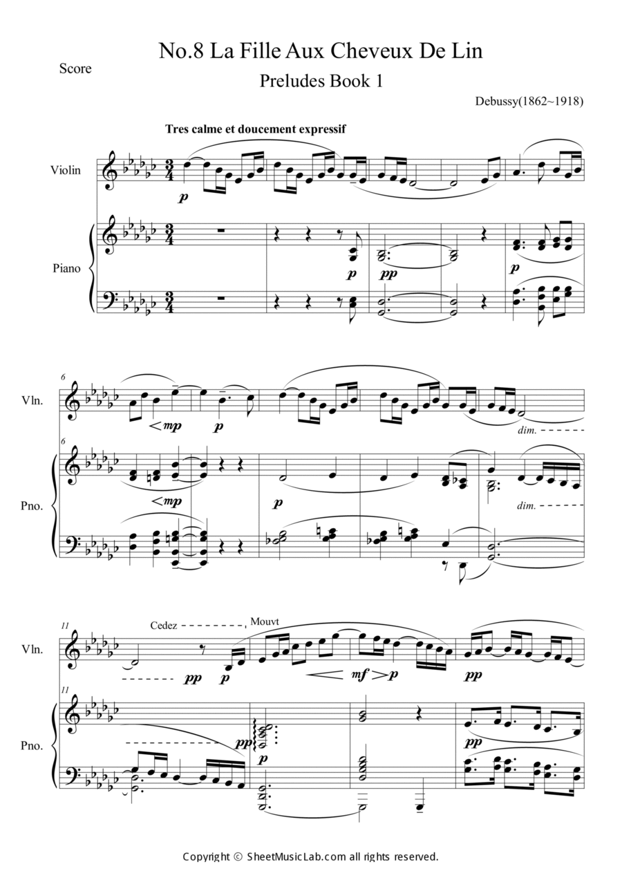 No.8 La Fille Aux Cheveux De Lin Violin Solo scores gallery preview page 1