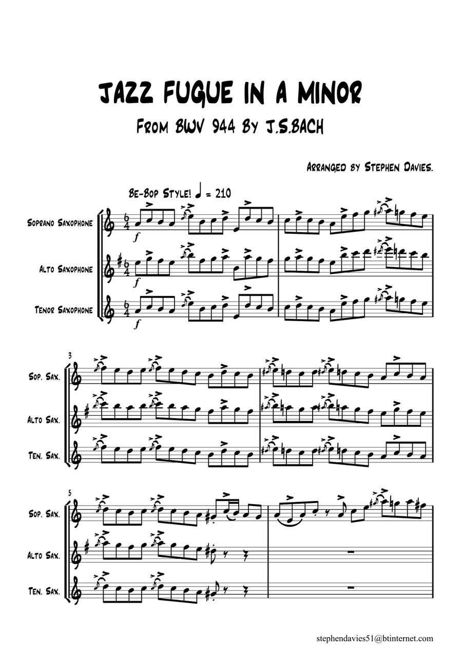 Book cover for Jazz Fugue in A Minor based on BWV944 by J.S.Bach for Saxophone Trio.