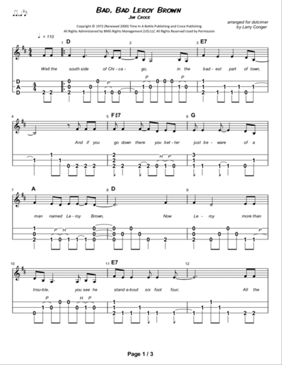 Bad, Bad Leroy Brown Dulcimer scores gallery preview page 2