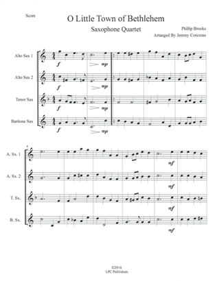 O Little Town of Bethlehem for Saxophone Quartet (SATB or AATB)
