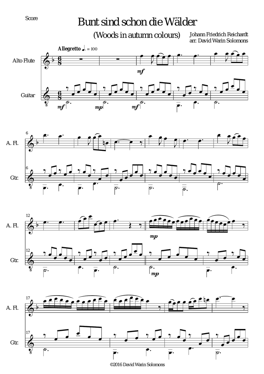 Bunt sind schon die Wälder (Woods in autumn colours) for alto flute and guitar Flute scores gallery preview page 1