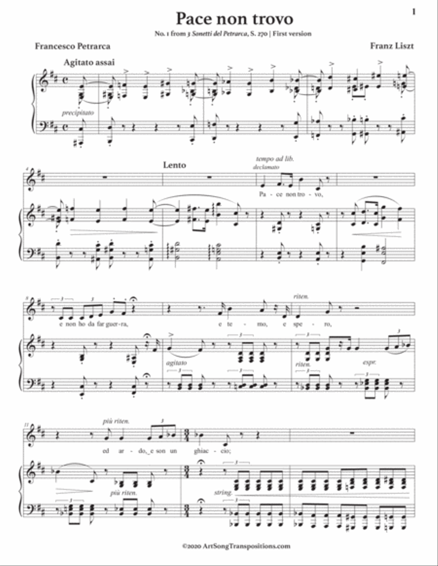 LISZT: Pace non trovo, S. 270 (first version, transposed to D major) Voice scores gallery preview page 2