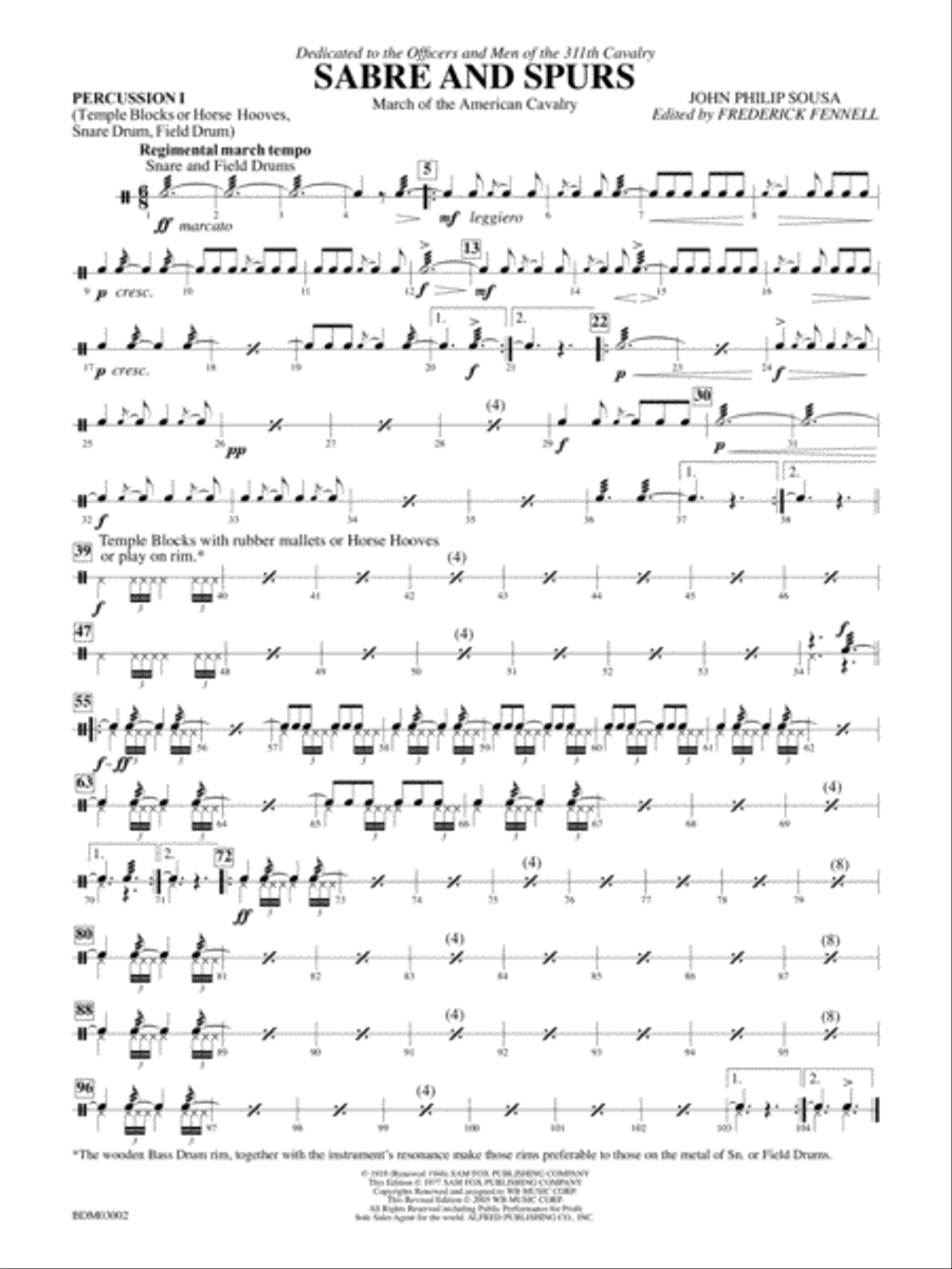 Sabre and Spurs (March of the American Cavalry): 1st Percussion Concert Band scores gallery preview page 1