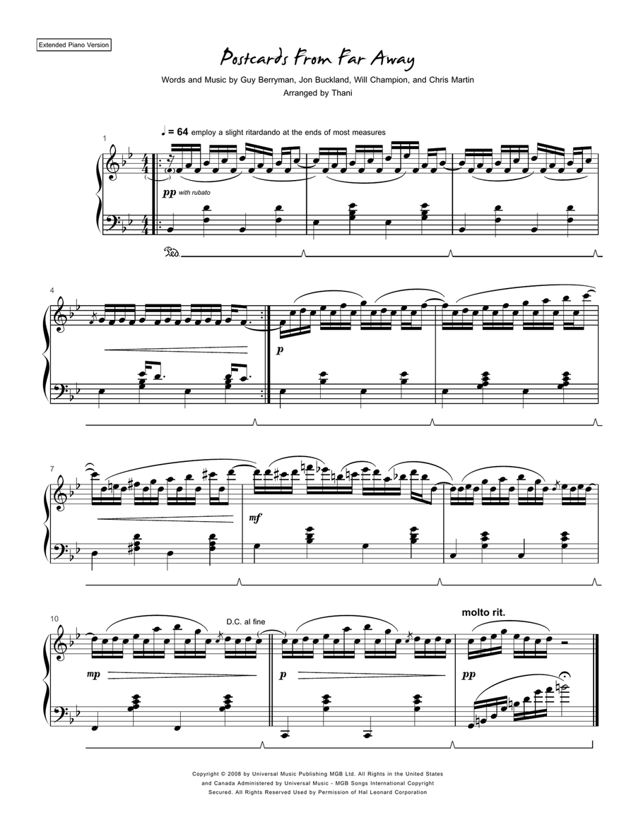 Postcards From Far Away Easy Piano scores gallery preview page 1