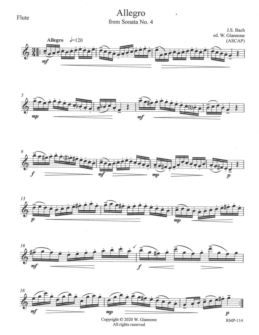 Bach - Allegro from Sonata No. 4 Flute Solo scores gallery preview page 1