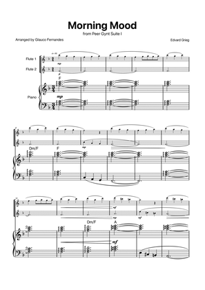 Morning Mood by Grieg for Flute Duet with Piano and Chords