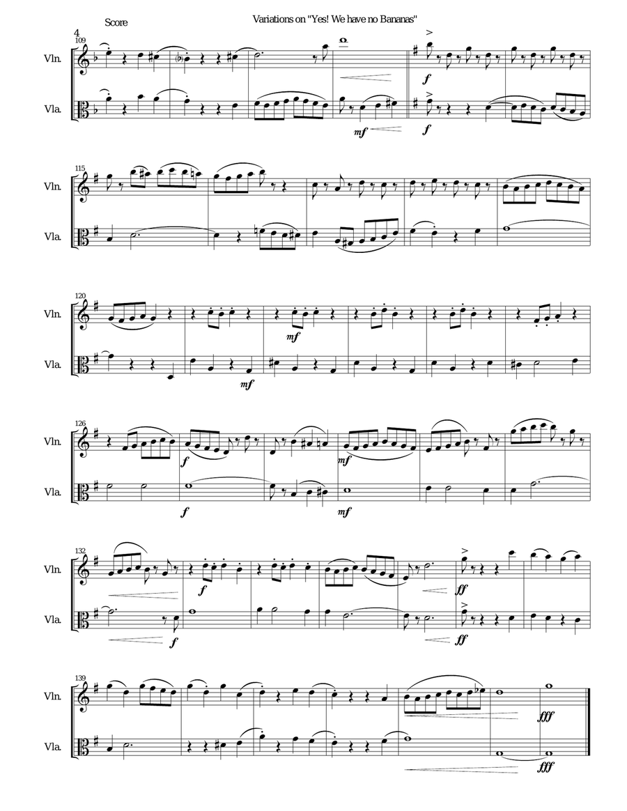 Variations on Yes We Have No Bananas for violin and viola String Duet scores gallery preview page 4