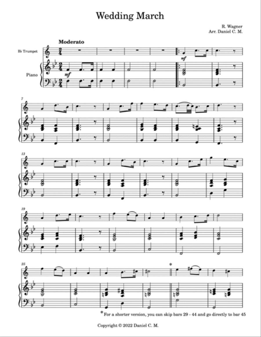 Wedding March by Wagner for trumpet (easy) B-Flat Trumpet scores gallery preview page 2
