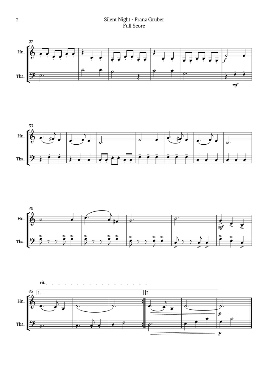 Silent Night for French Horn and Tuba Duet Brass Duet scores gallery preview page 2