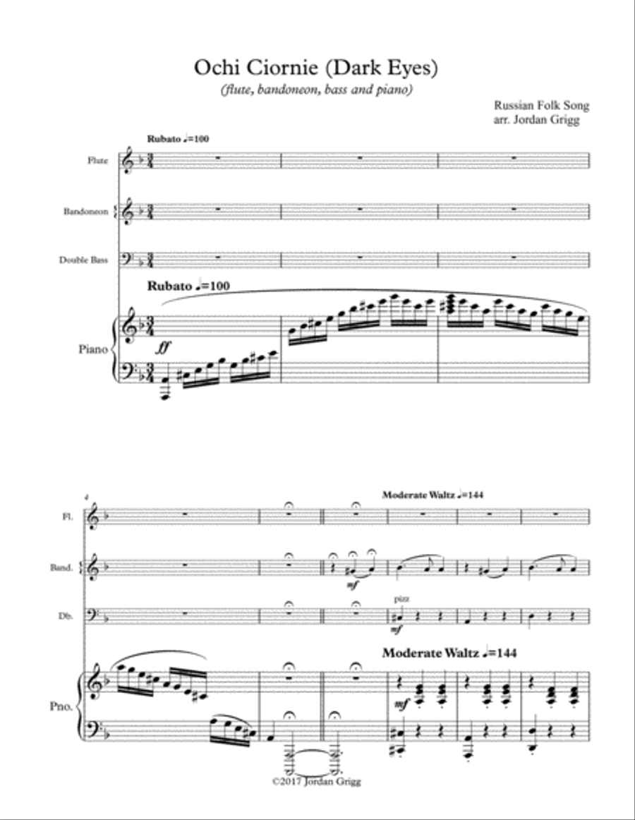 Ochi Ciornie for flute bandoneon bass and piano Flute scores gallery preview page 1