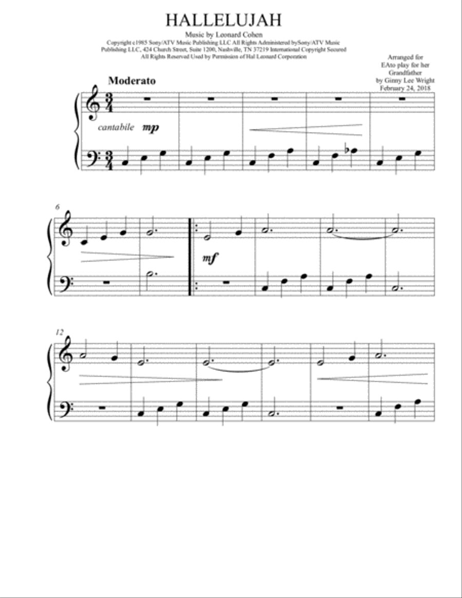 Hallelujah Easy Piano scores gallery preview page 1