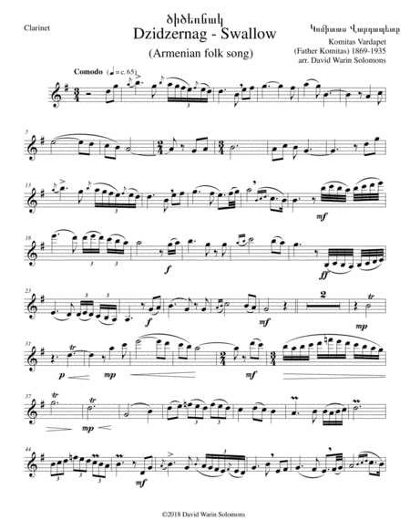 Swallow ԾԻԾԵՌՆԱԿ (Dzidzernag) arranged for clarinet and guitar image number null