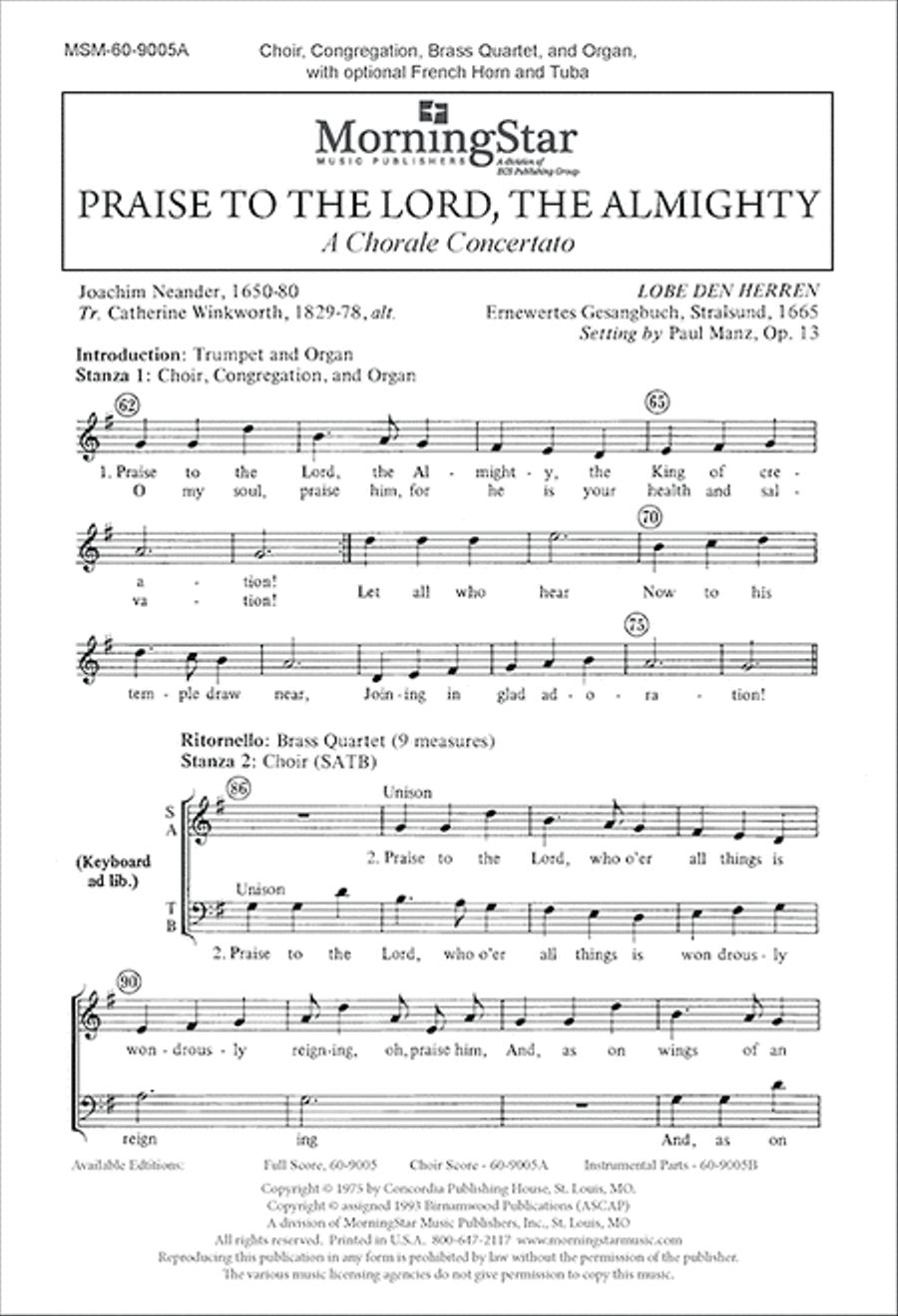 Praise to the Lord, the Almighty 4-Part scores gallery preview page 1