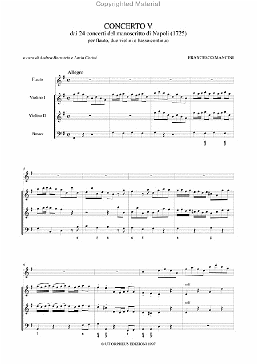 Concerto No. 5 from the 24 Concertos in the Naples manuscript (1725) for Treble Recorder (Flute), 2 Violins and Continuo