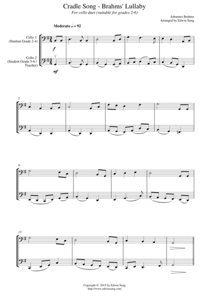 Cradle Song - Brahms’ Lullaby (for cello duet, suitable for grades 2-6) image number null