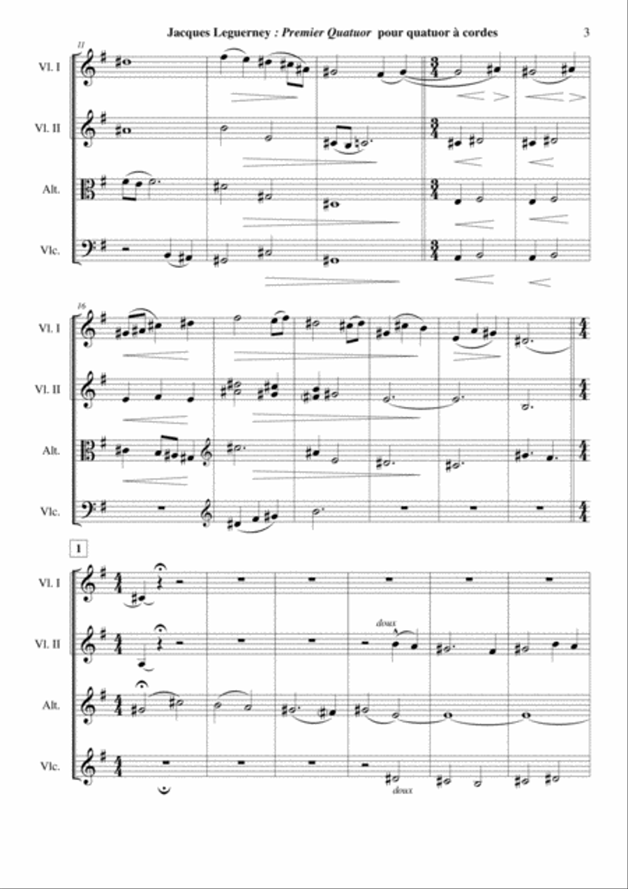 Jacques Leguerney: Premier Quatuor à Cordes (First String Quartet) for two violins, viola and cella String Quartet scores gallery preview page 3