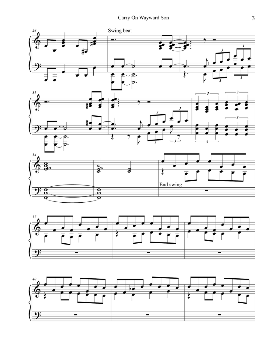 Carry On Wayward Son Piano Solo scores gallery preview page 3