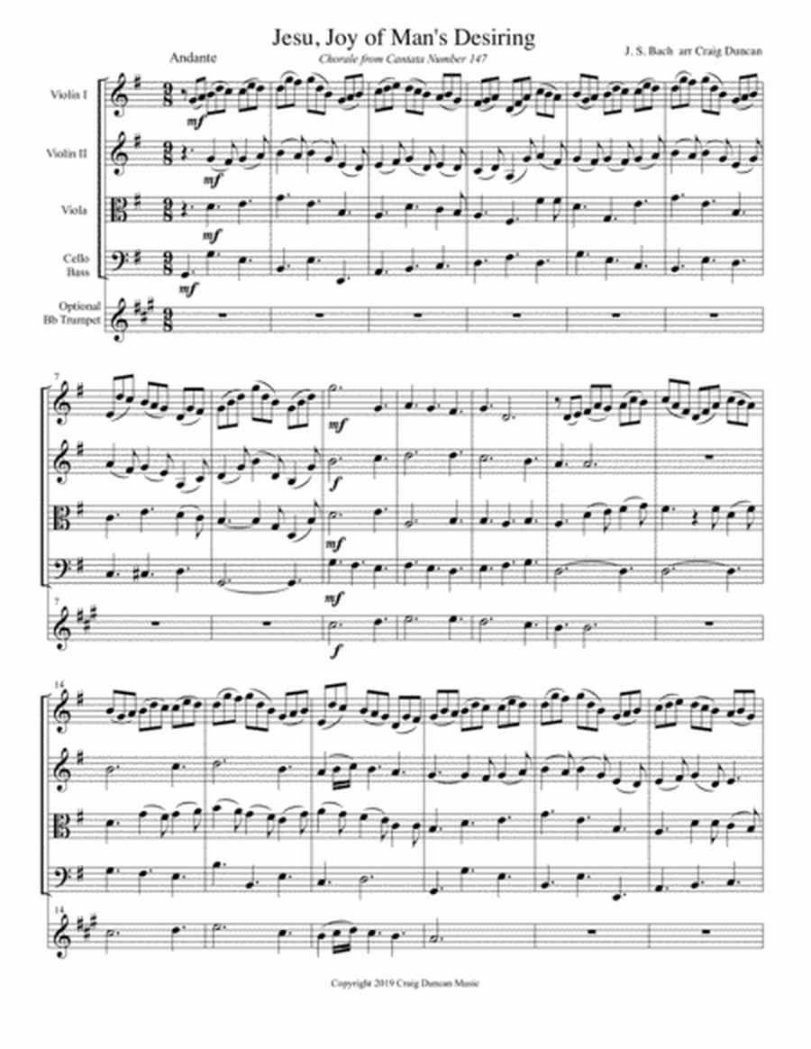 Jesu, Joy of Man's Desiring String Quartet w opt Trumpet image number null