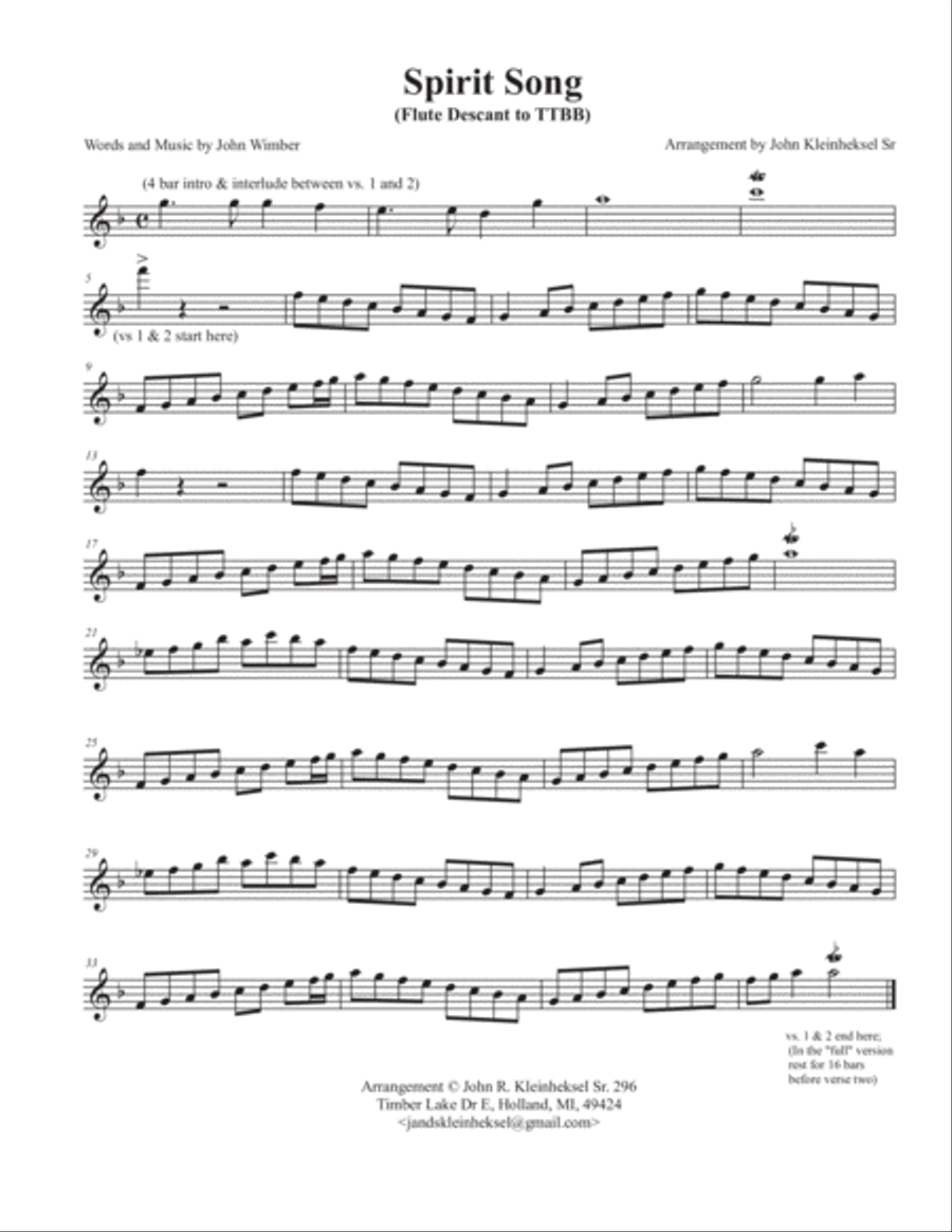 This is a Flute Obbligato to SPIRIT SONG (TTBB version) TTBB scores gallery preview page 1
