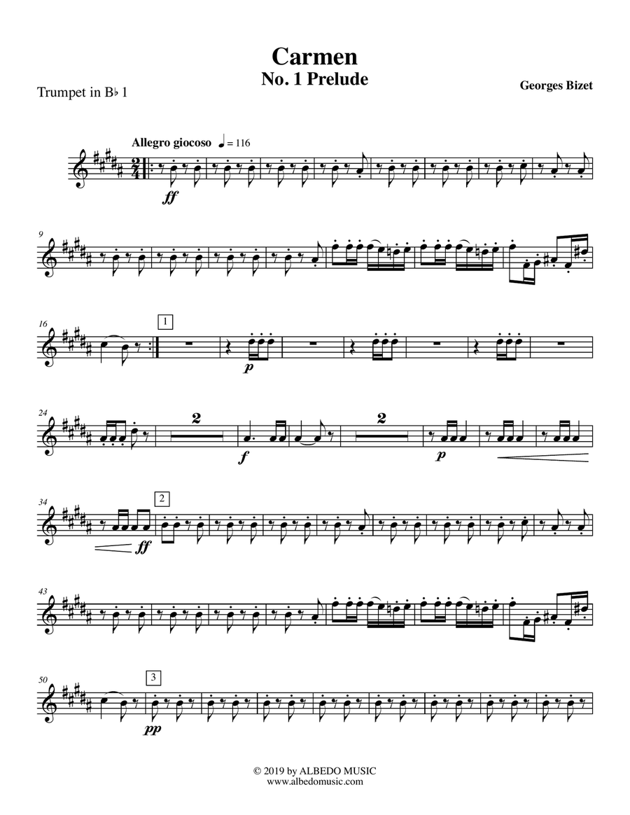 Carmen, No. 1 Prelude - Trumpet in Bb 1 (Transposed Part) B-Flat Trumpet scores gallery preview page 1